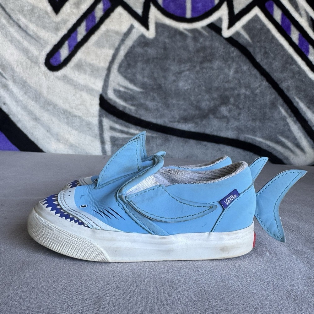 Size 7c - Vans Classic Slip-O Shoes Kids Shark Blue White Sneakers Slip-On